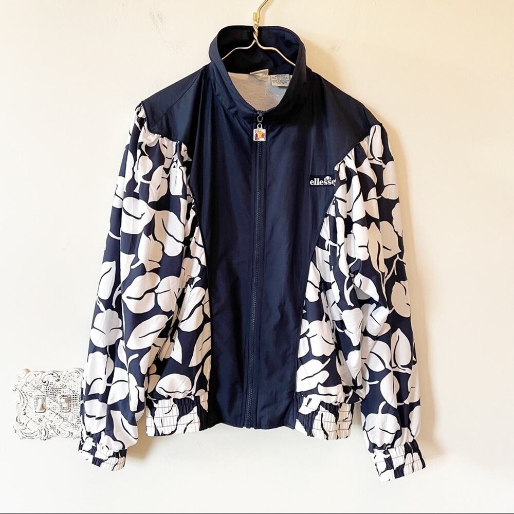 Vintage 80’s Ellesse Navy and White Floral Track Jacket Retro Windbreaker 10